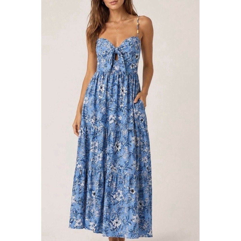 House of Harlow 1960 Blue Floral Bow Tie Front Linen Blend Tiered Maxi Dress L